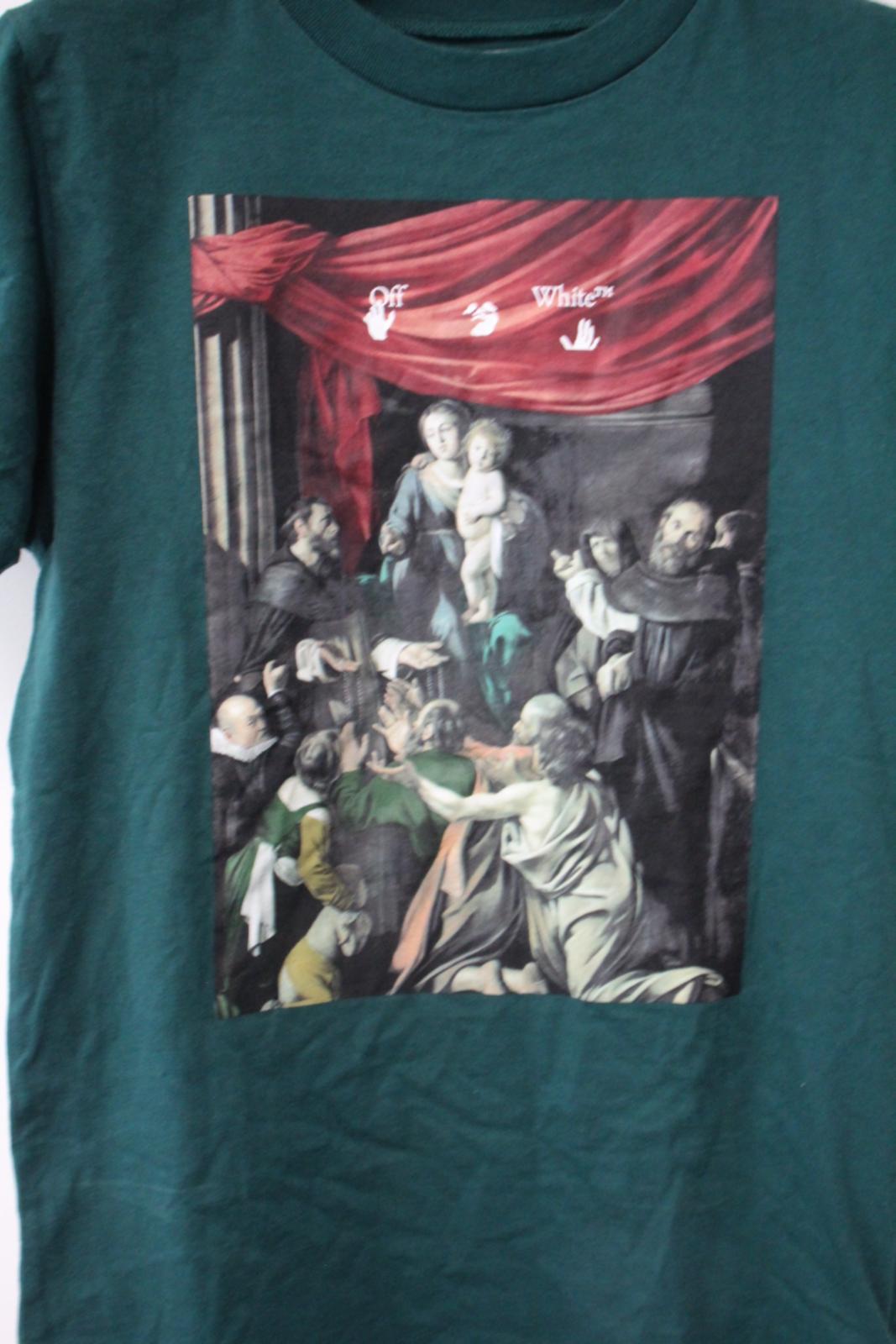 OFF-WHITE Men's Bottle Green Cotton Caravaggio Print T-Shirt Size XS NEW