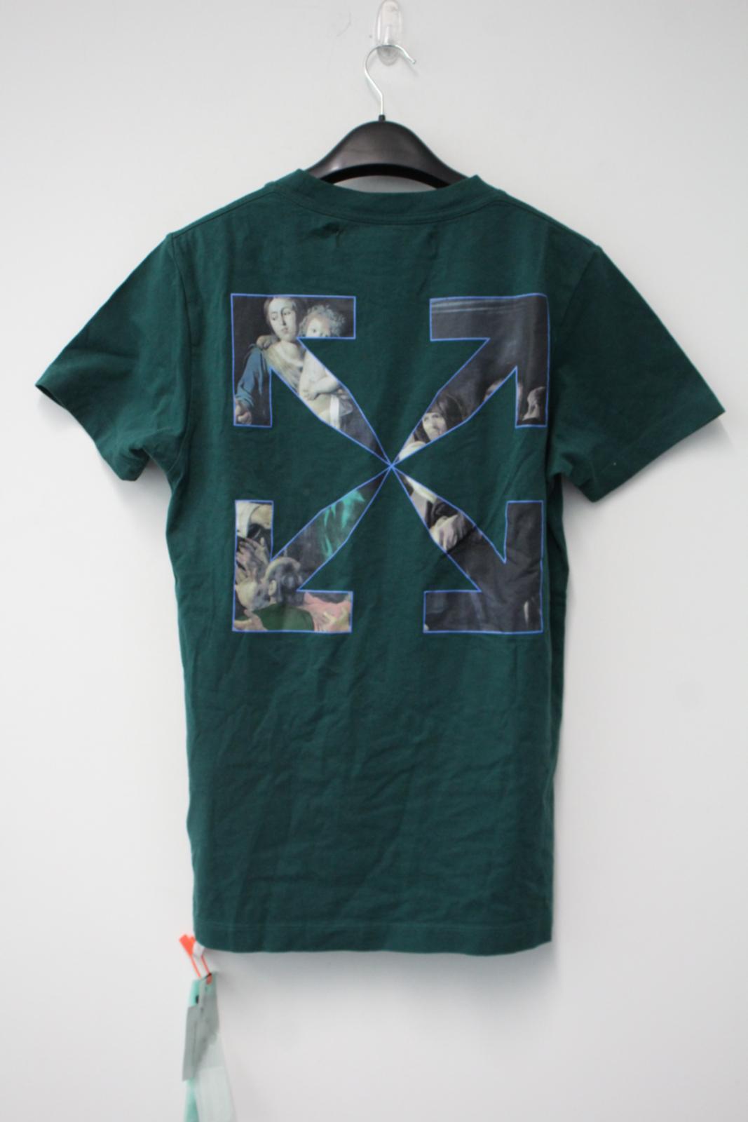 OFF-WHITE Men's Bottle Green Cotton Caravaggio Print T-Shirt Size XS NEW