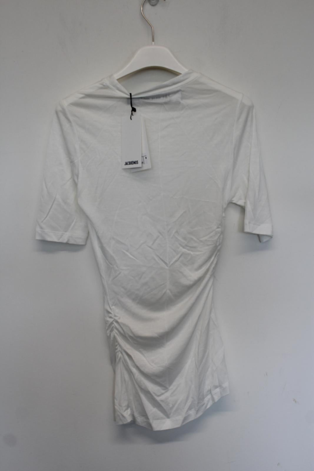 JACQUEMUS Ladies White Short Sleeve Ruched Fitted Lyocell T-Shirt S NEW