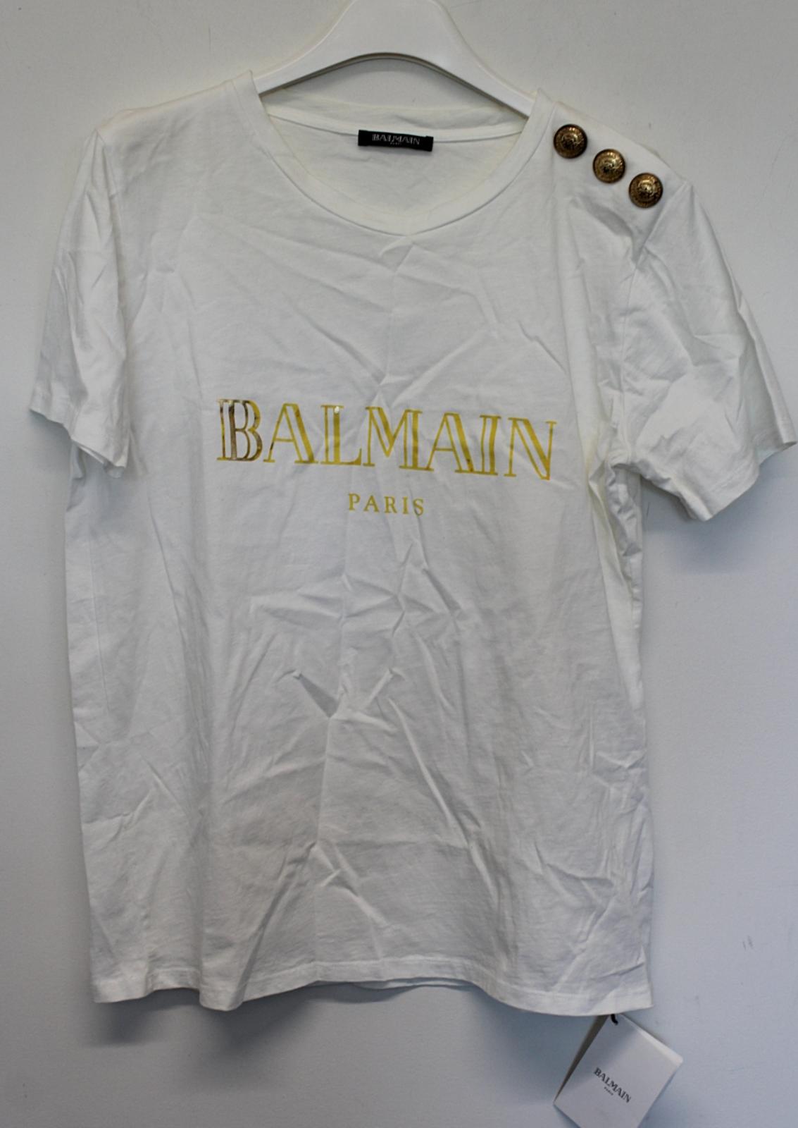 BALMAIN Ladies White Yellow Logo Buttoned Shoulder Cotton T-Shirt FR38 UK10 NEW
