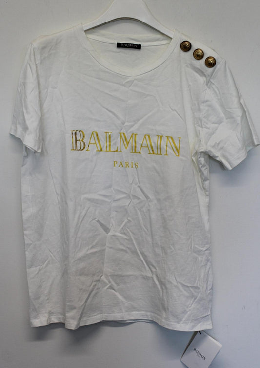 BALMAIN Ladies White Yellow Logo Buttoned Shoulder Cotton T-Shirt FR38 UK10 NEW