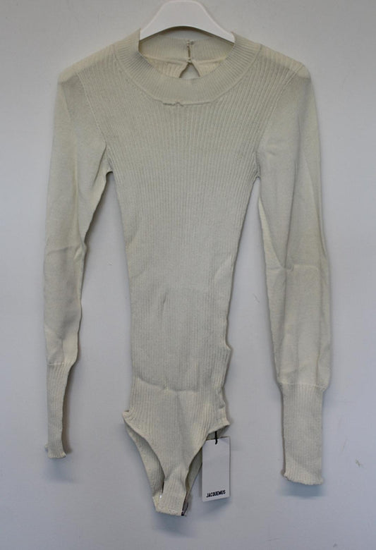 JACQUEMUS Ladies La Maille Stephanie Ecru Ivory Ribbed Bodysuit EU38 UK10 NEW