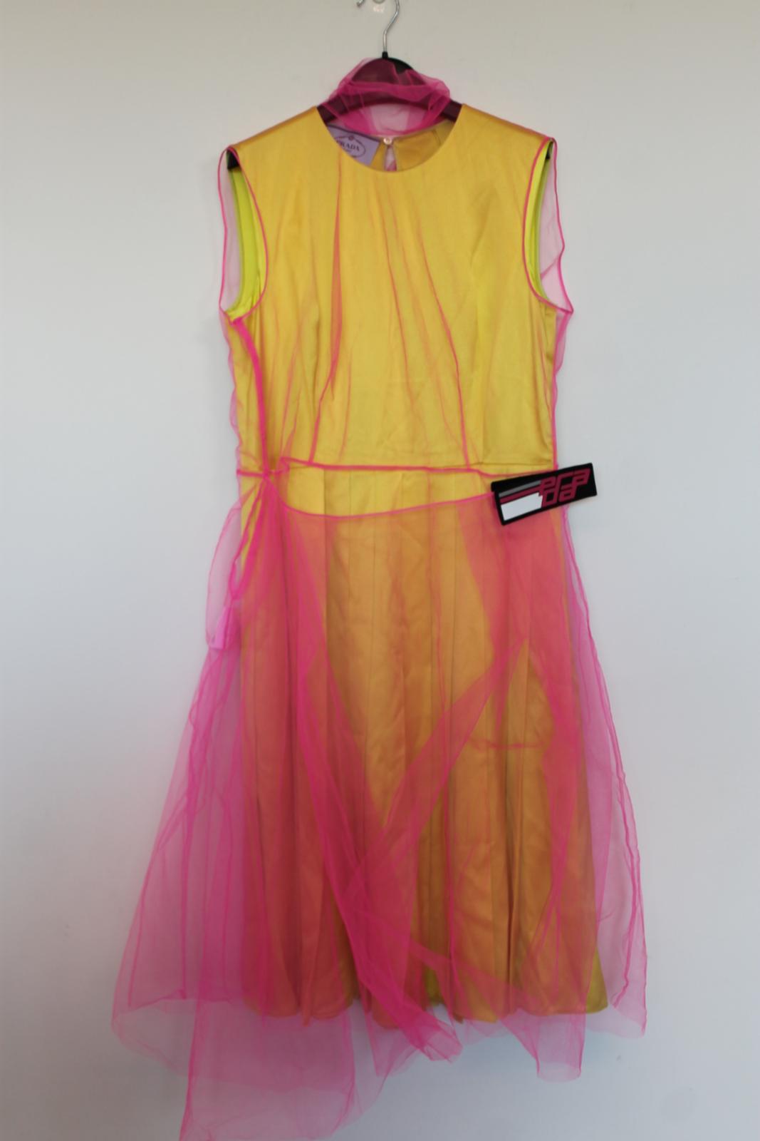 PRADA Ladies Yellow Silk Pink Net Sleeveless Midi Pleated Dress EU40 UK12 BNWT
