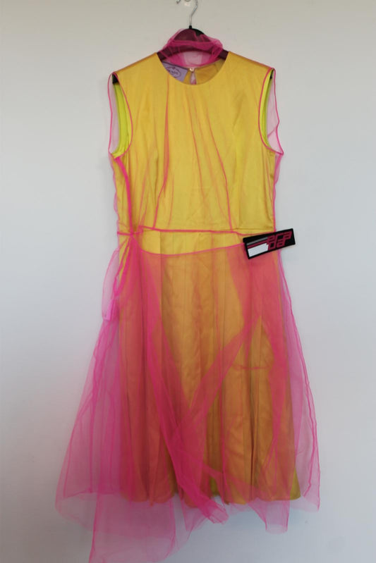 PRADA Ladies Yellow Silk Pink Net Sleeveless Midi Pleated Dress EU40 UK12 BNWT