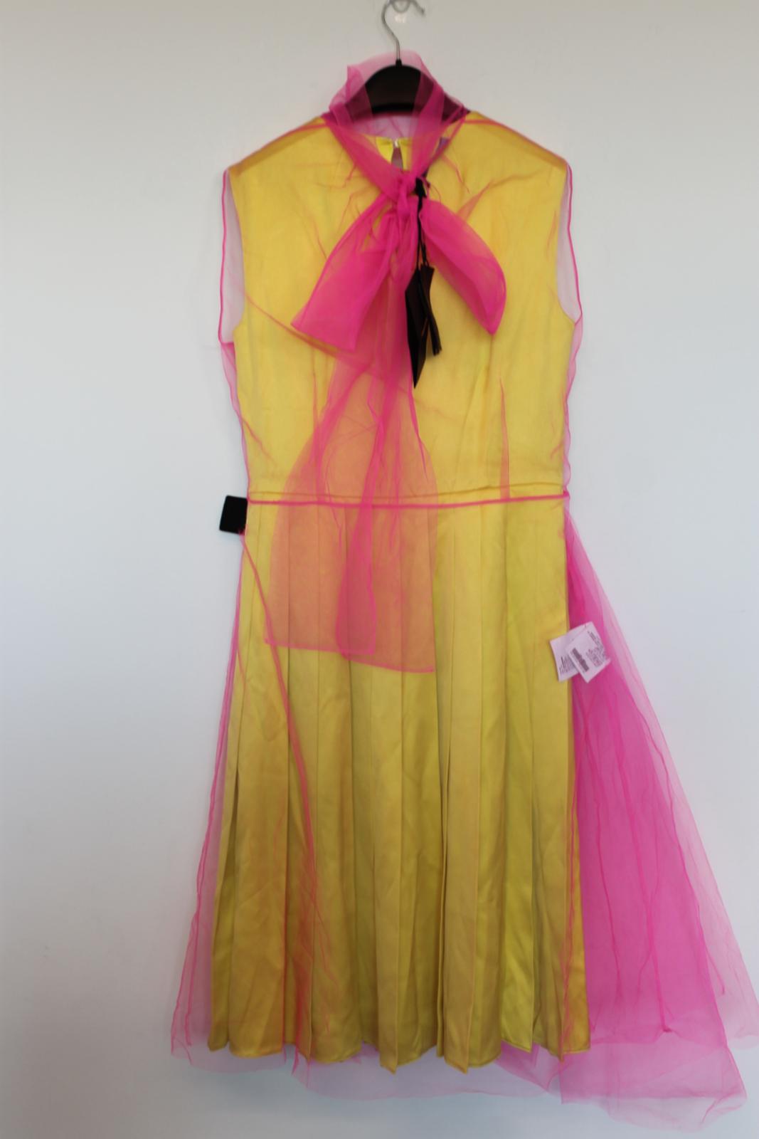 PRADA Ladies Yellow Silk Pink Net Sleeveless Midi Pleated Dress EU40 UK12 BNWT