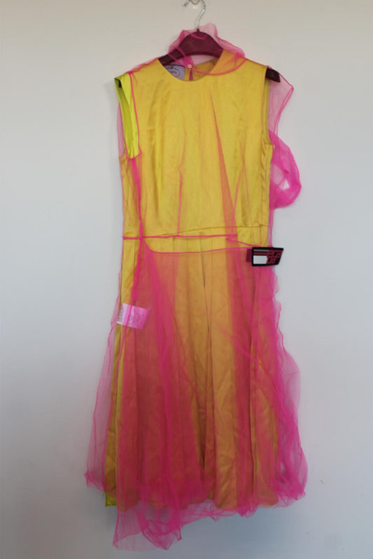 PRADA Ladies Yellow Silk Pink Net Sleeveless Midi Pleated Dress EU38 UK10 BNWT