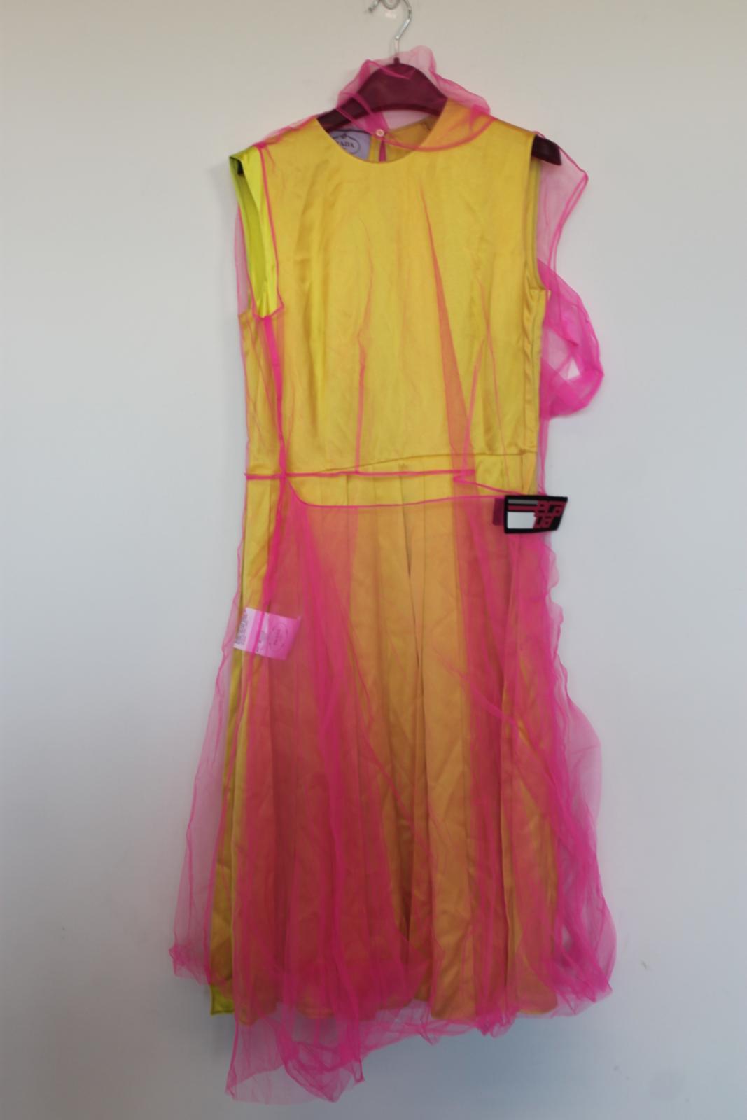 PRADA Ladies Yellow Silk Pink Net Sleeveless Midi Pleated Dress EU38 UK10 BNWT