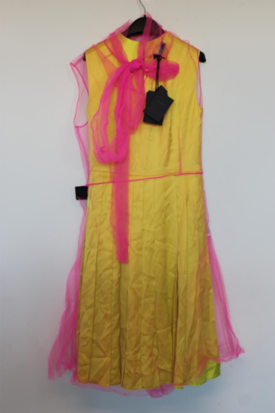 PRADA Ladies Yellow Silk Pink Net Sleeveless Midi Pleated Dress EU38 UK10 BNWT