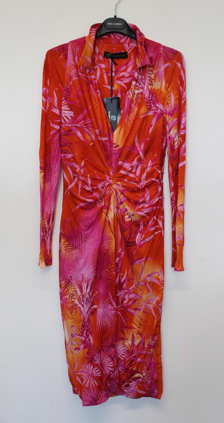 VERSACE Ladies Pink Orange Palm Print Ruched Side Slit Midi Dress IT44 UK12 NEW