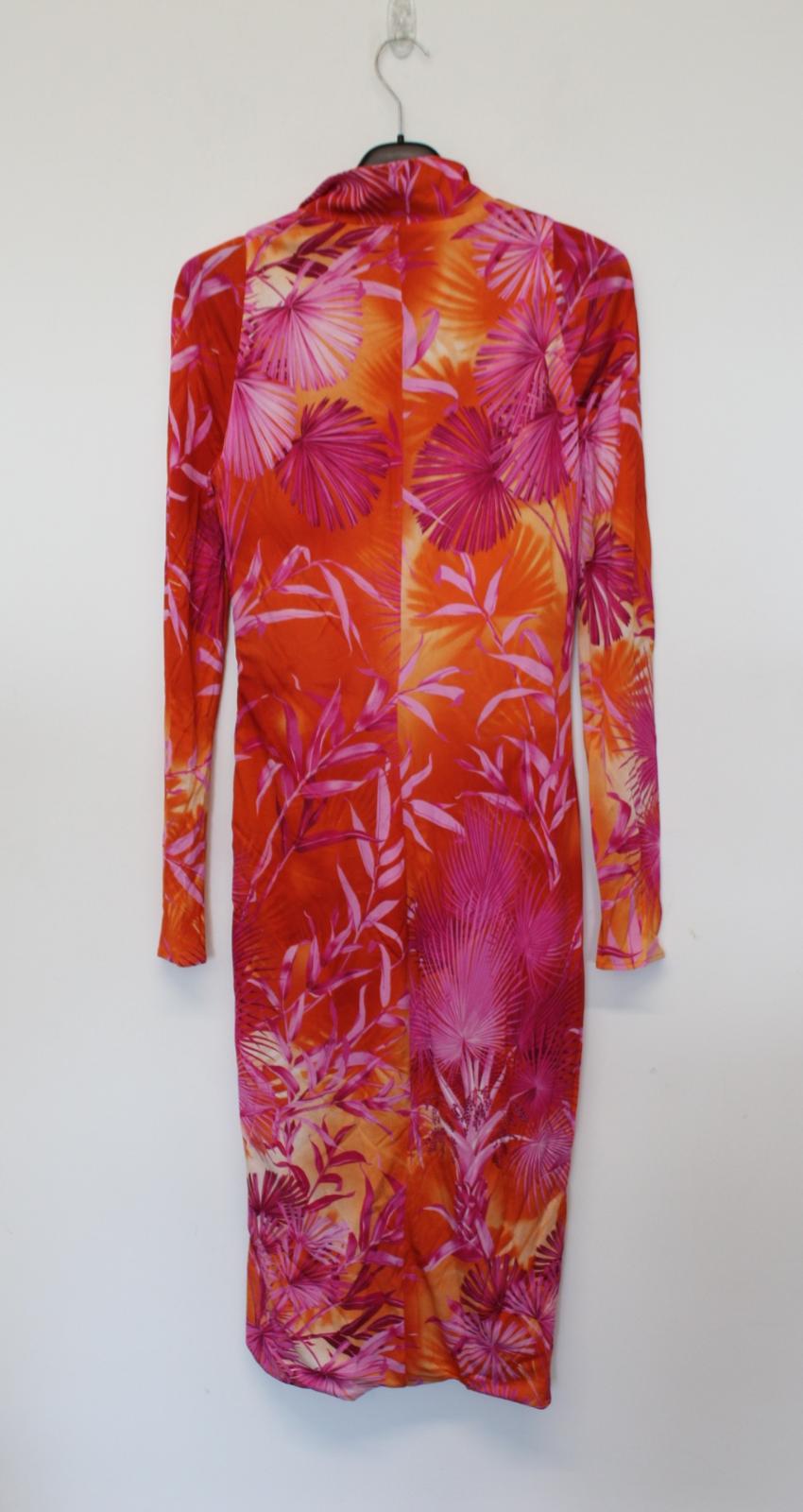 VERSACE Ladies Pink Orange Palm Print Ruched Side Slit Midi Dress IT44 UK12 NEW
