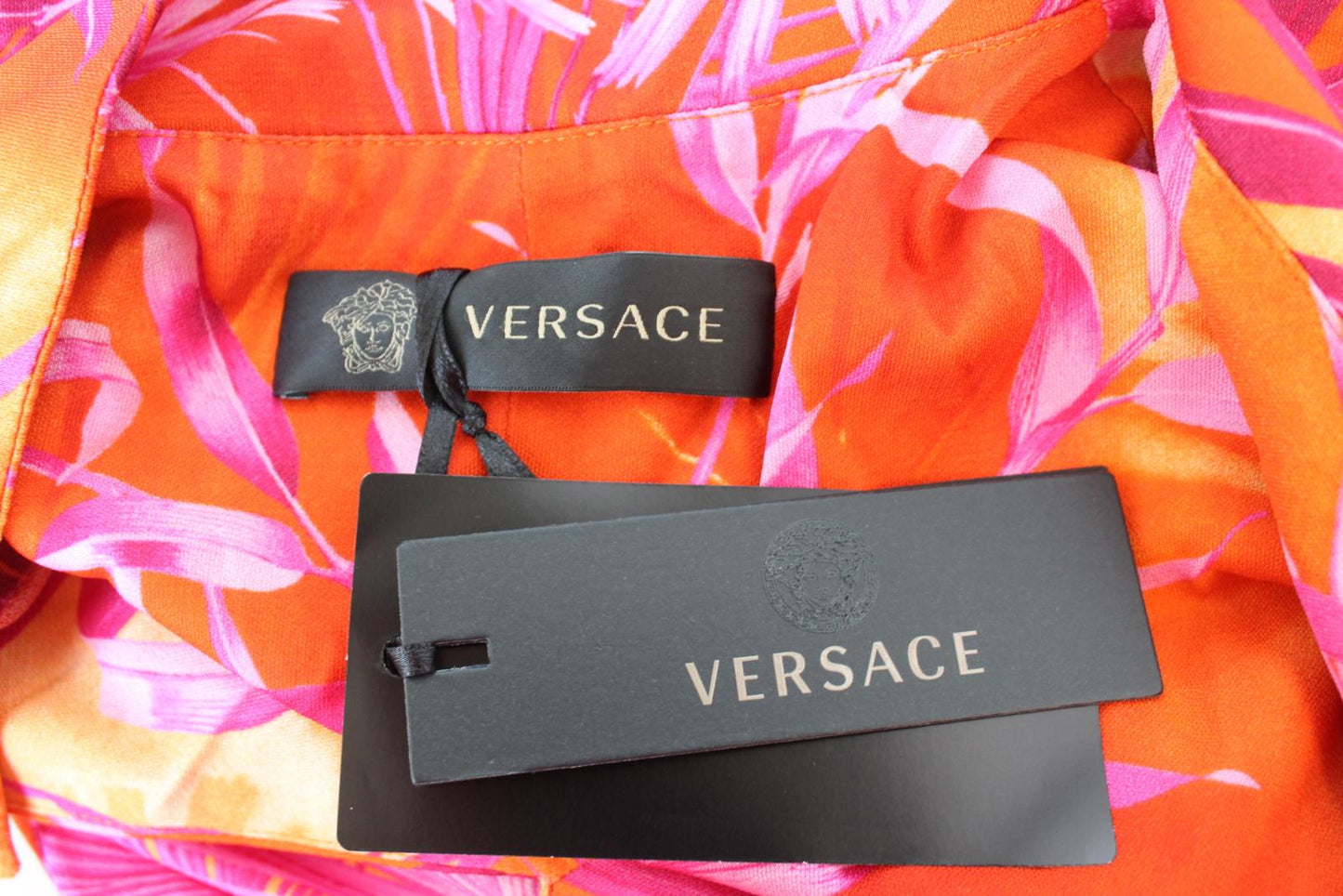 VERSACE Ladies Pink Orange Palm Print Ruched Side Slit Midi Dress IT44 UK12 NEW