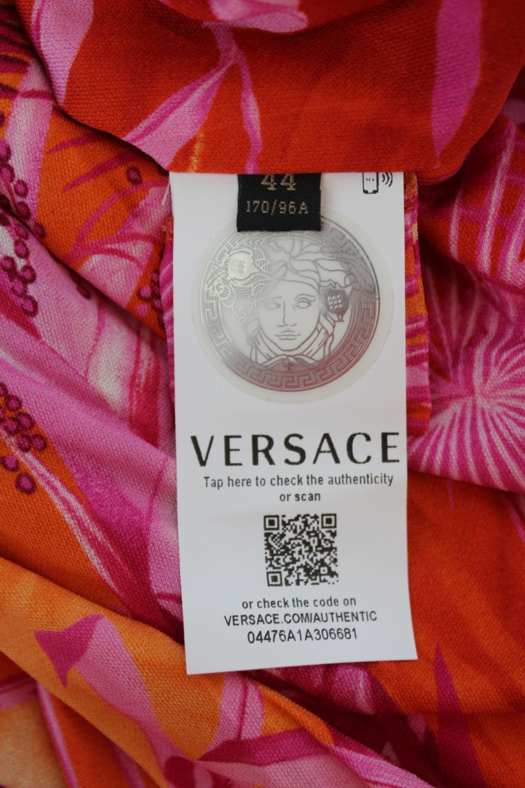 VERSACE Ladies Pink Orange Palm Print Ruched Side Slit Midi Dress IT44 UK12 NEW