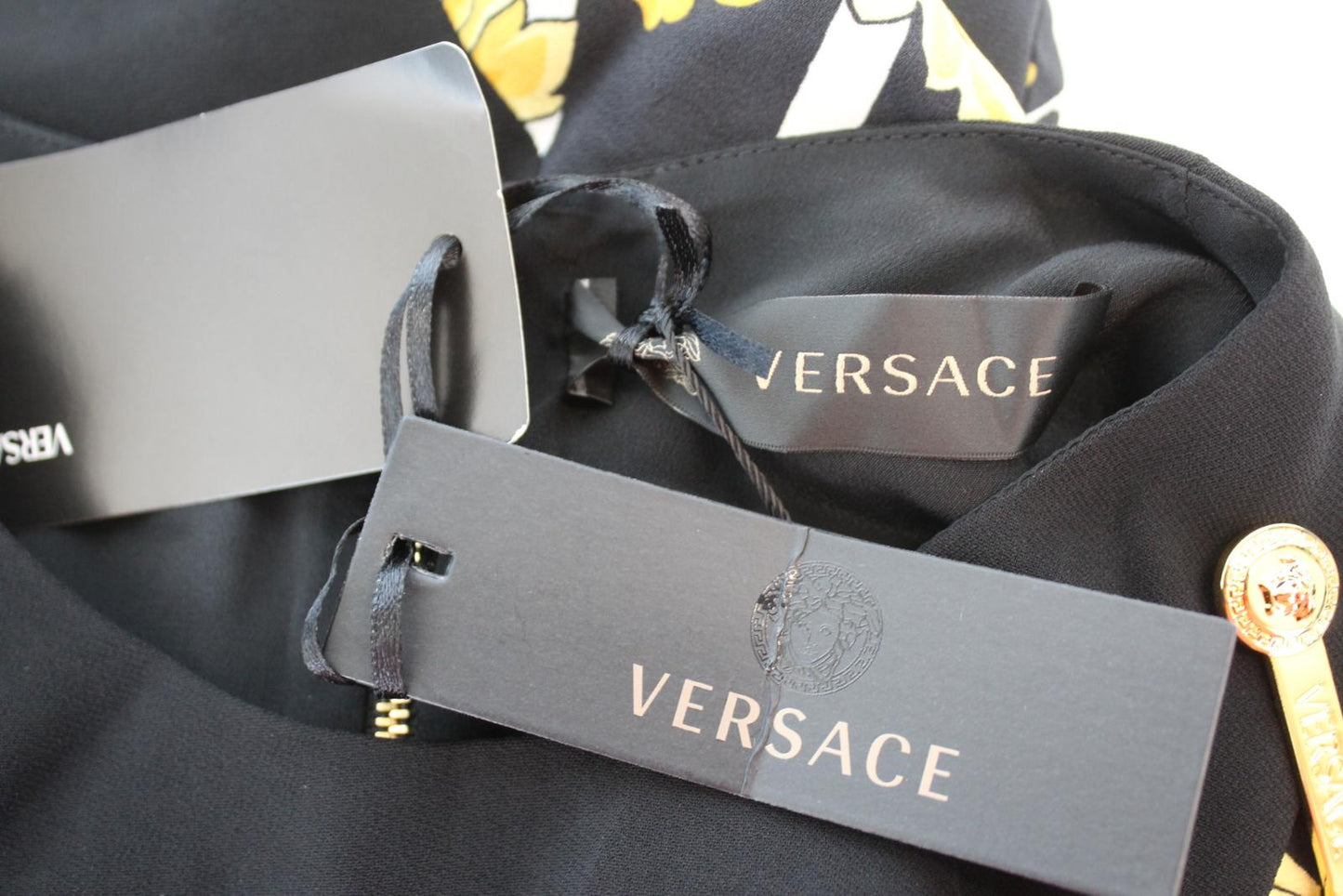 VERSACE Ladies Black Yellow Brooch Detail Baroque Panel Mini Dress IT42 UK10 NEW