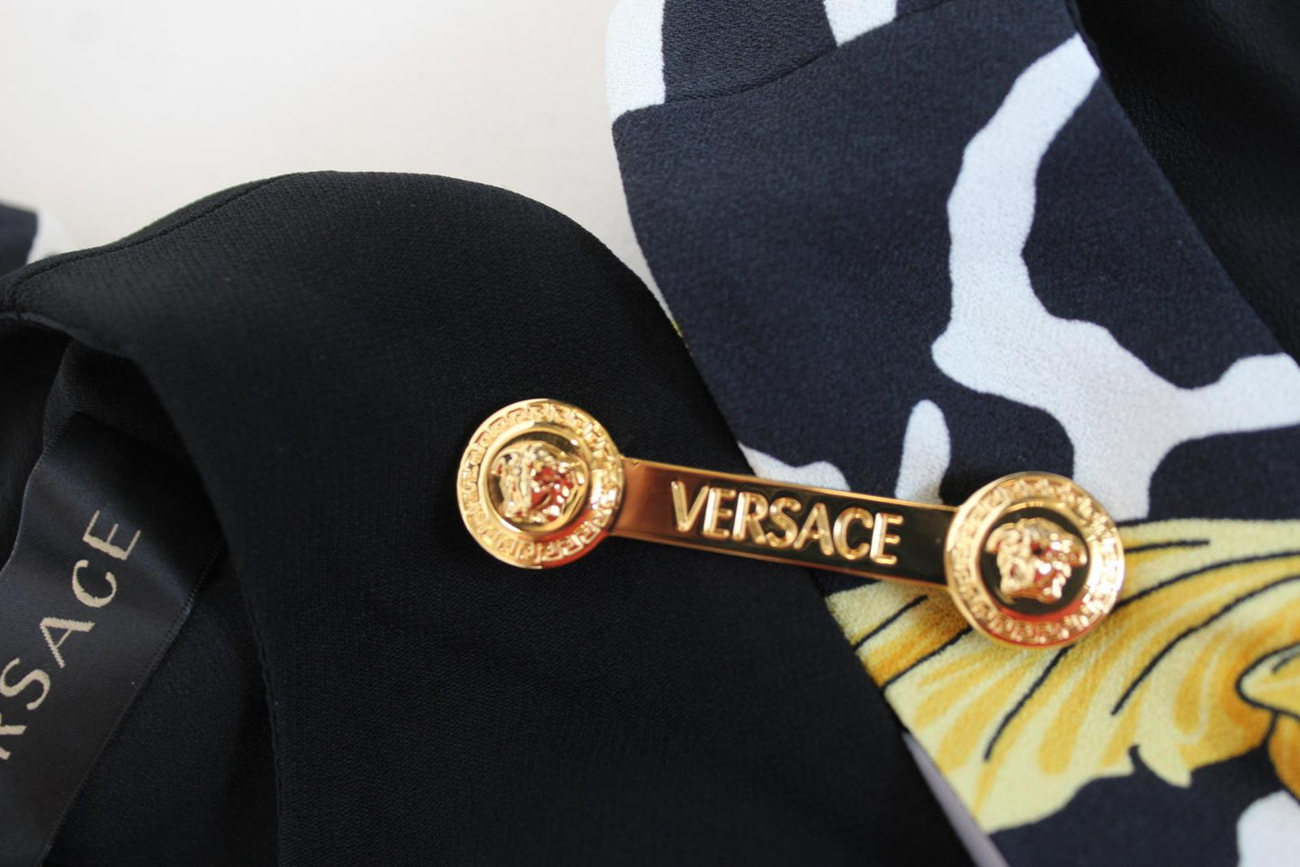 VERSACE Ladies Black Yellow Brooch Detail Baroque Panel Mini Dress IT42 UK10 NEW