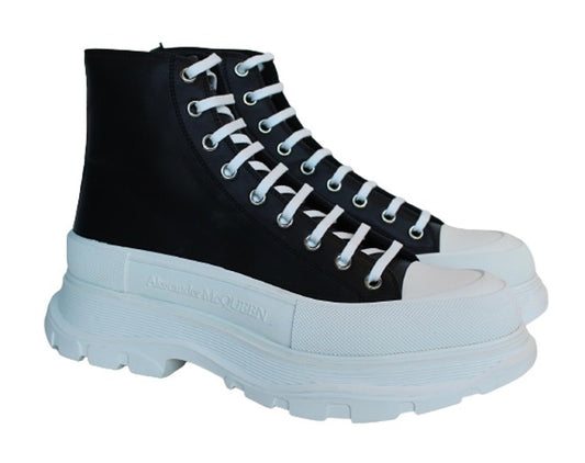 ALEXANDER MCQUEEN Men's Black White Tread Slick Leather Boots EU45 UK10.5 NEW
