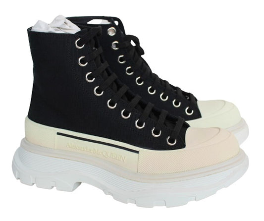 ALEXANDER MCQUEEN Ladies Black White Tread Slick Canvas Boots EU37 UK4 NEW