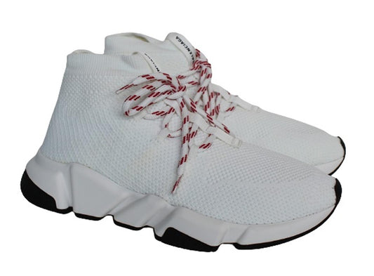 BALENCIAGA Ladies White Red Knitted Mesh Speed Lace Up Trainers EU38 UK5 NEW