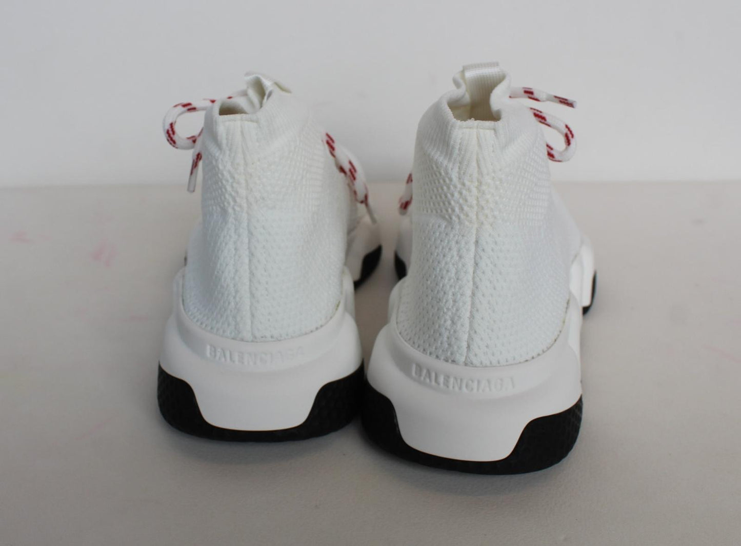 BALENCIAGA Ladies White Red Knitted Mesh Speed Lace Up Trainers EU38 UK5 NEW