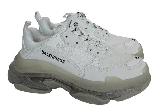 BALENCIAGA Ladies Triple S White Clear Soles Mesh Faux Leather Trainers UK6 NEW