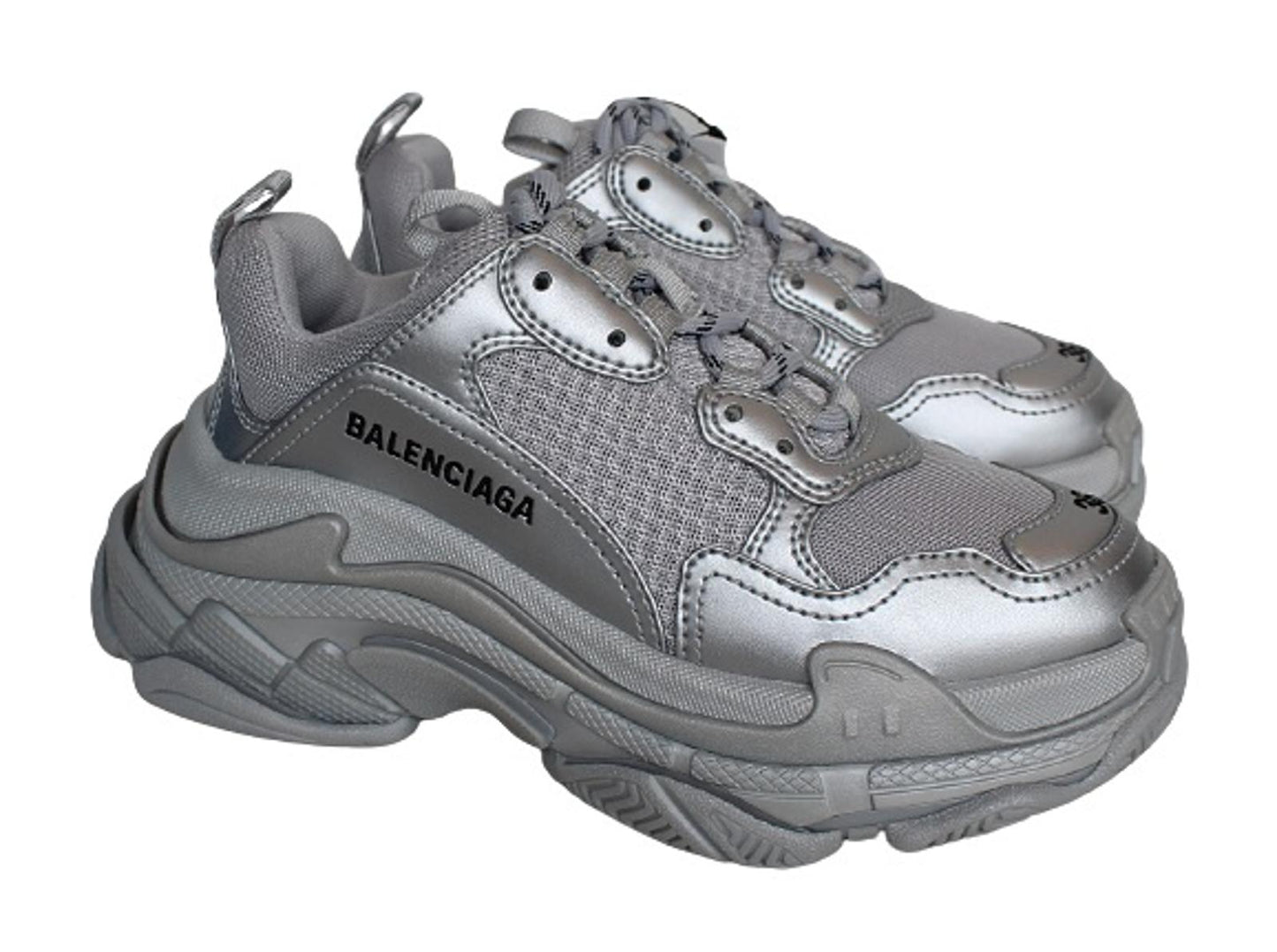 BALENCIAGA Ladies Triple S Metallic Silver Mesh & Faux Leather Trainers UK3 NEW