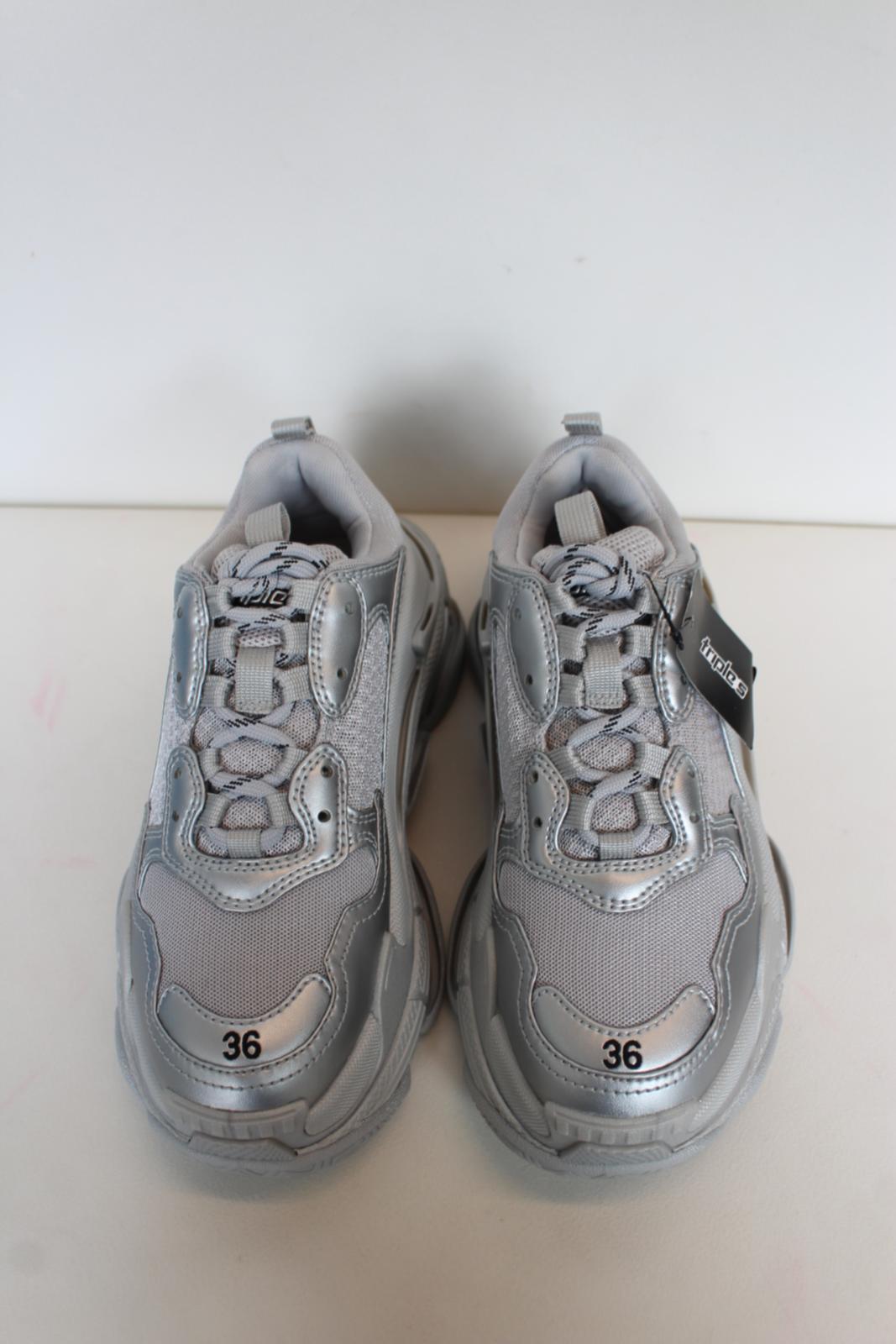 BALENCIAGA Ladies Triple S Metallic Silver Mesh & Faux Leather Trainers UK3 NEW