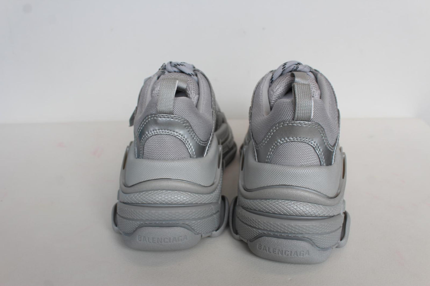 BALENCIAGA Ladies Triple S Metallic Silver Mesh & Faux Leather Trainers UK3 NEW