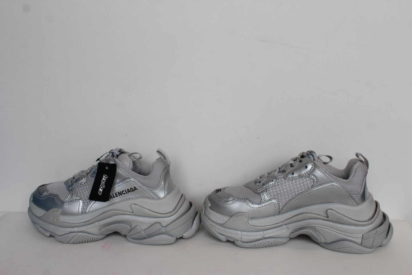 BALENCIAGA Ladies Triple S Metallic Silver Mesh & Faux Leather Trainers UK3 NEW