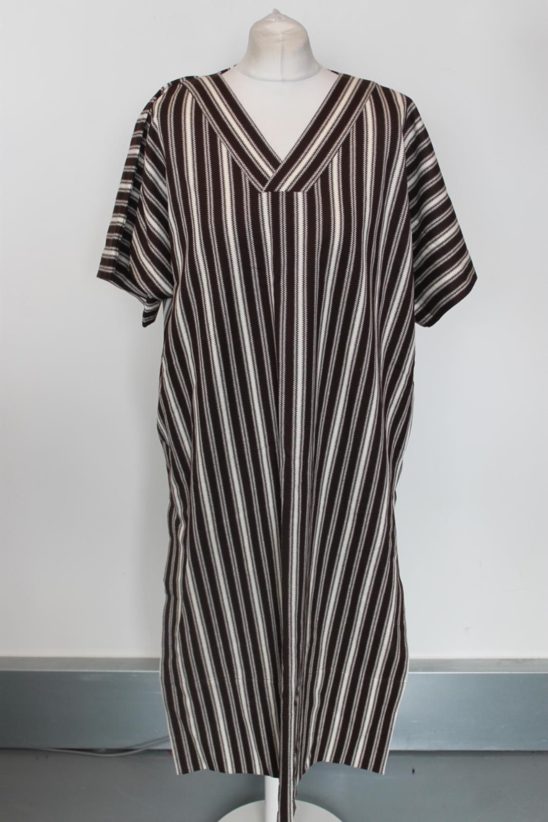 JIL SANDER Ladies Brown/White Stripe Cotton Short Sleeve Midi Shift Dress S BNWT