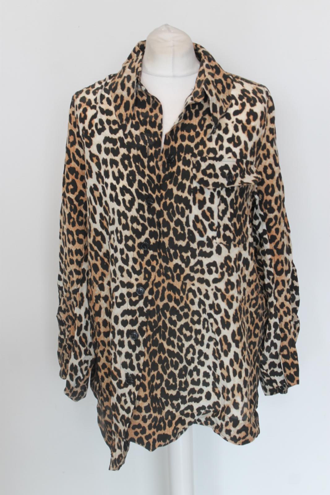 GANNI Ladies Leopard Print Silk Blend Asymmetrical Oversized Shirt EU36 UK8 BNWT