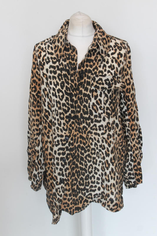 GANNI Ladies Leopard Print Silk Blend Asymmetrical Oversized Shirt EU36 UK8 BNWT