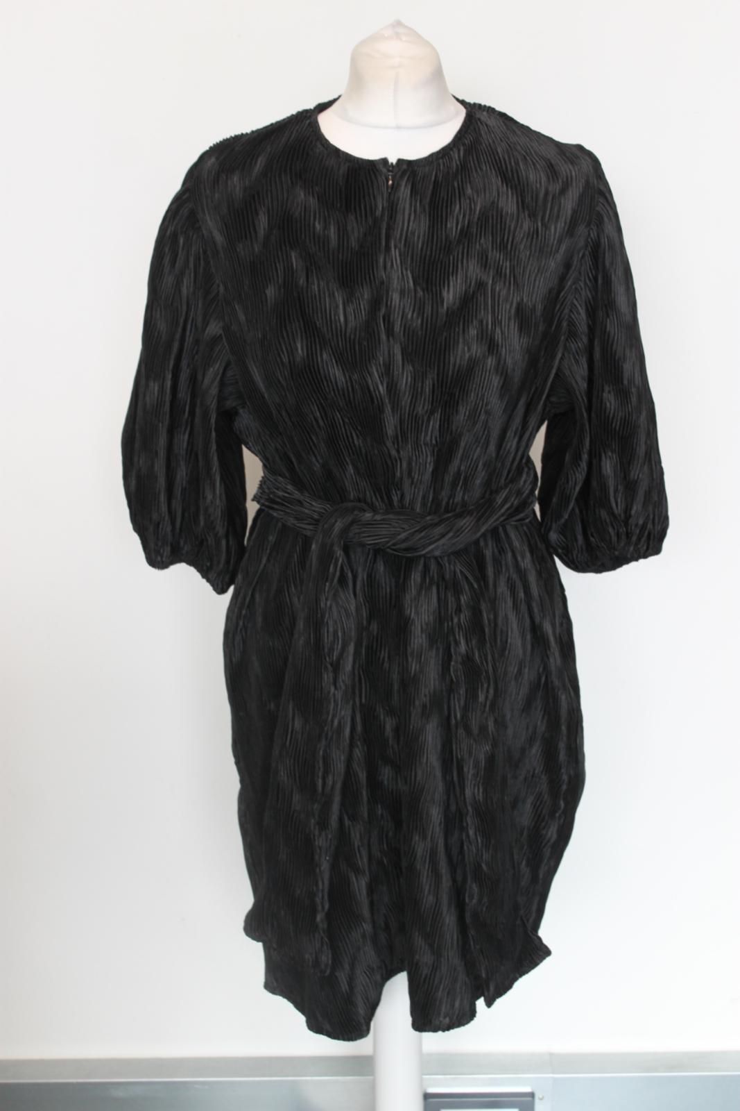 GANNI Ladies Black Ribbed Knee Length Puff Sleeve Shift Dress EU36 UK8 BNWT