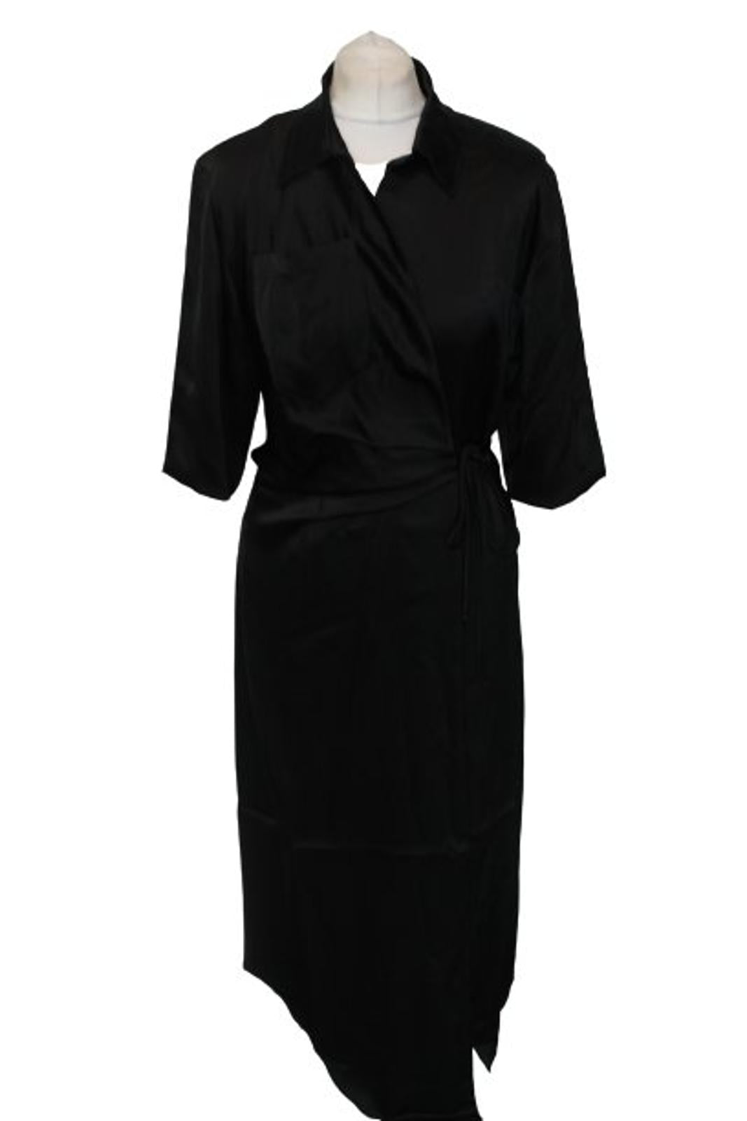NANUSHKA Ladies Black Satin Midi Draped Front Shirt Dress Size XS BNWT