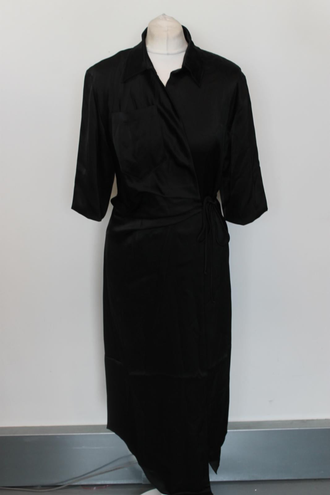 NANUSHKA Ladies Black Satin Midi Draped Front Shirt Dress Size XS BNWT