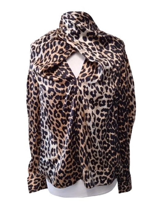 GANNI Ladies Black & Brown Silk Tie Neck Leopard Print Blouse Size EU36 UK8 NEW