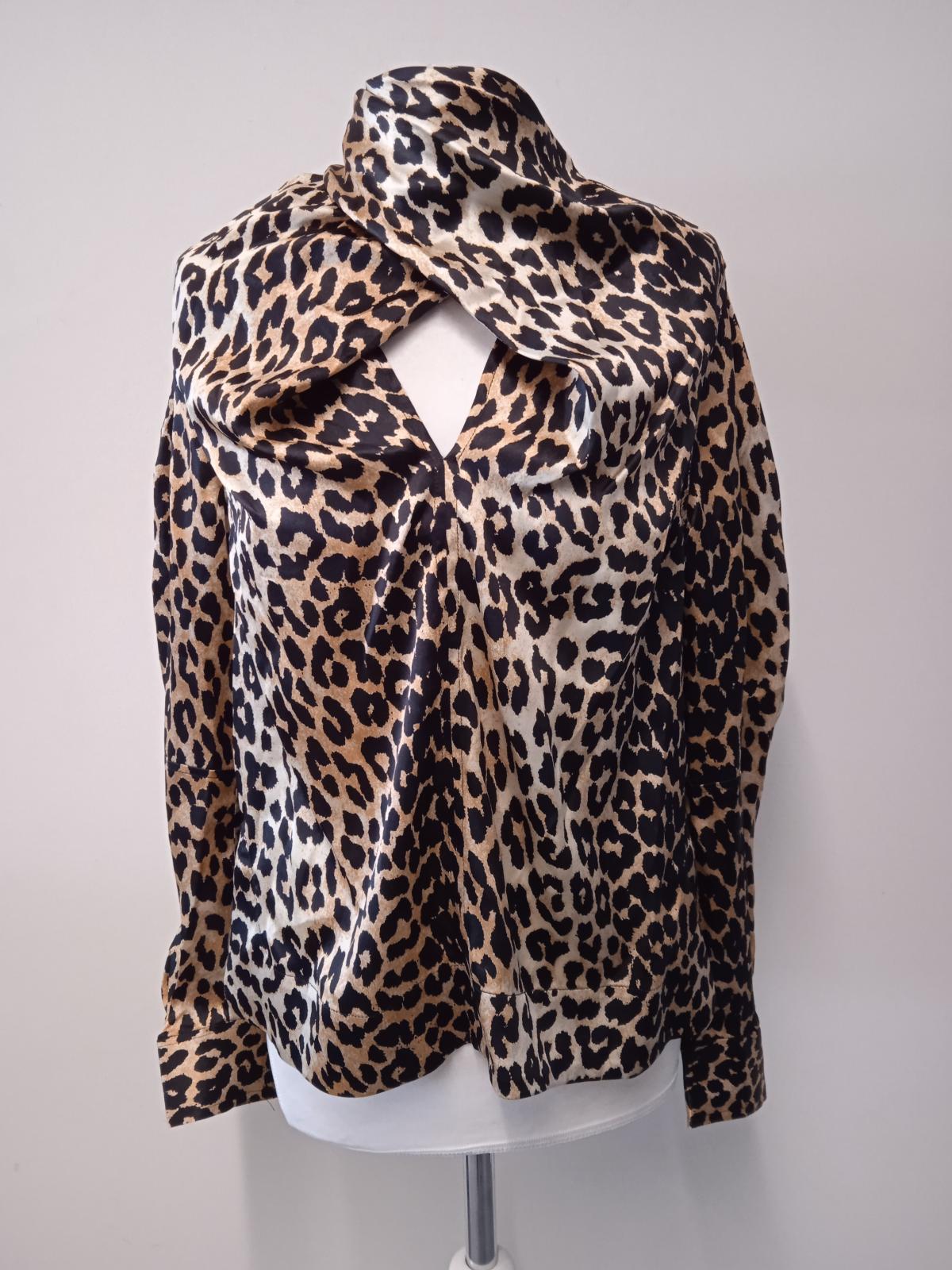 GANNI Ladies Black & Brown Silk Tie Neck Leopard Print Blouse Size EU36 UK8 NEW