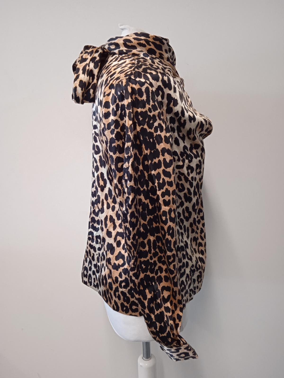 GANNI Ladies Black & Brown Silk Tie Neck Leopard Print Blouse Size EU36 UK8 NEW