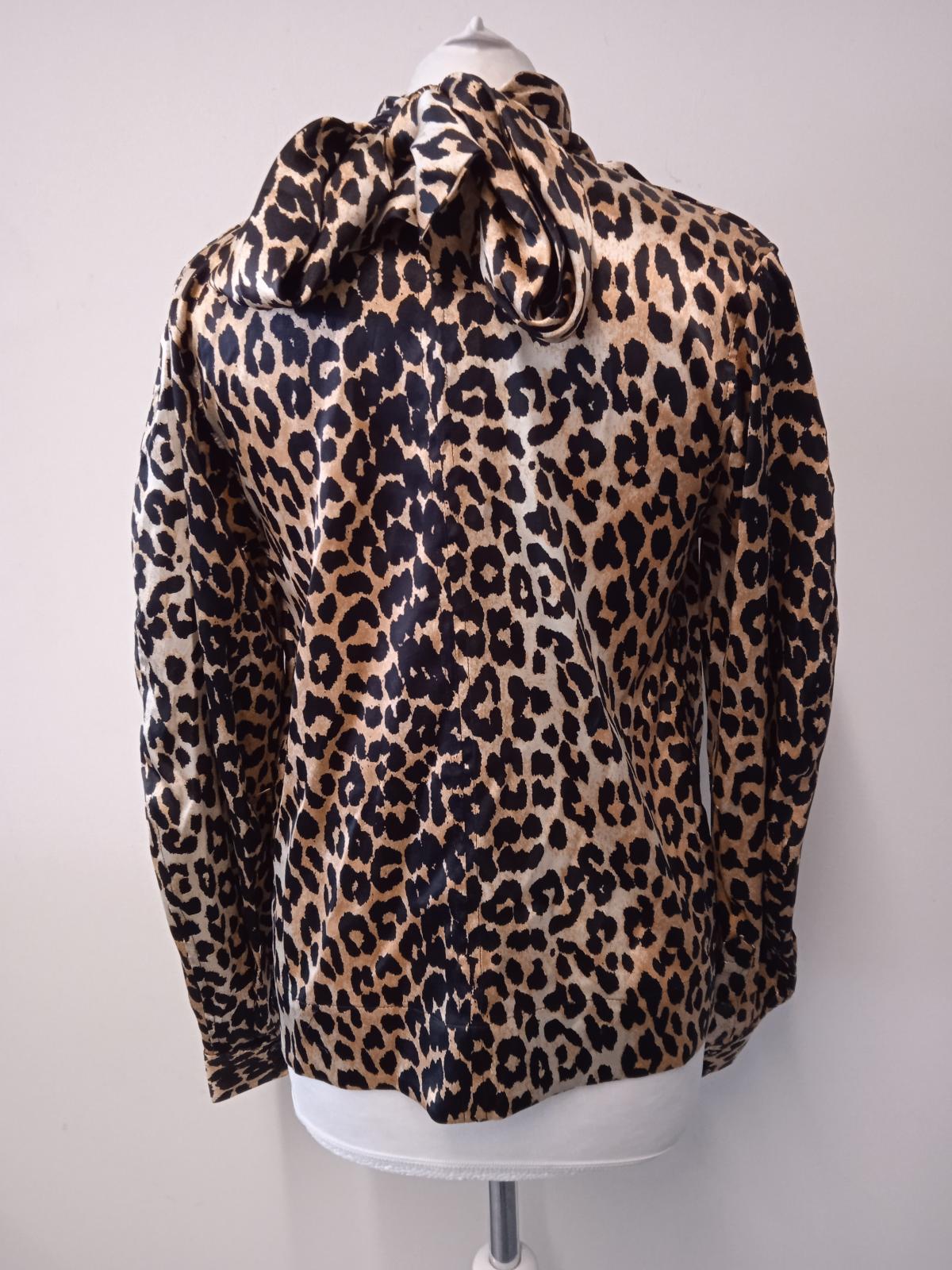 GANNI Ladies Black & Brown Silk Tie Neck Leopard Print Blouse Size EU36 UK8 NEW