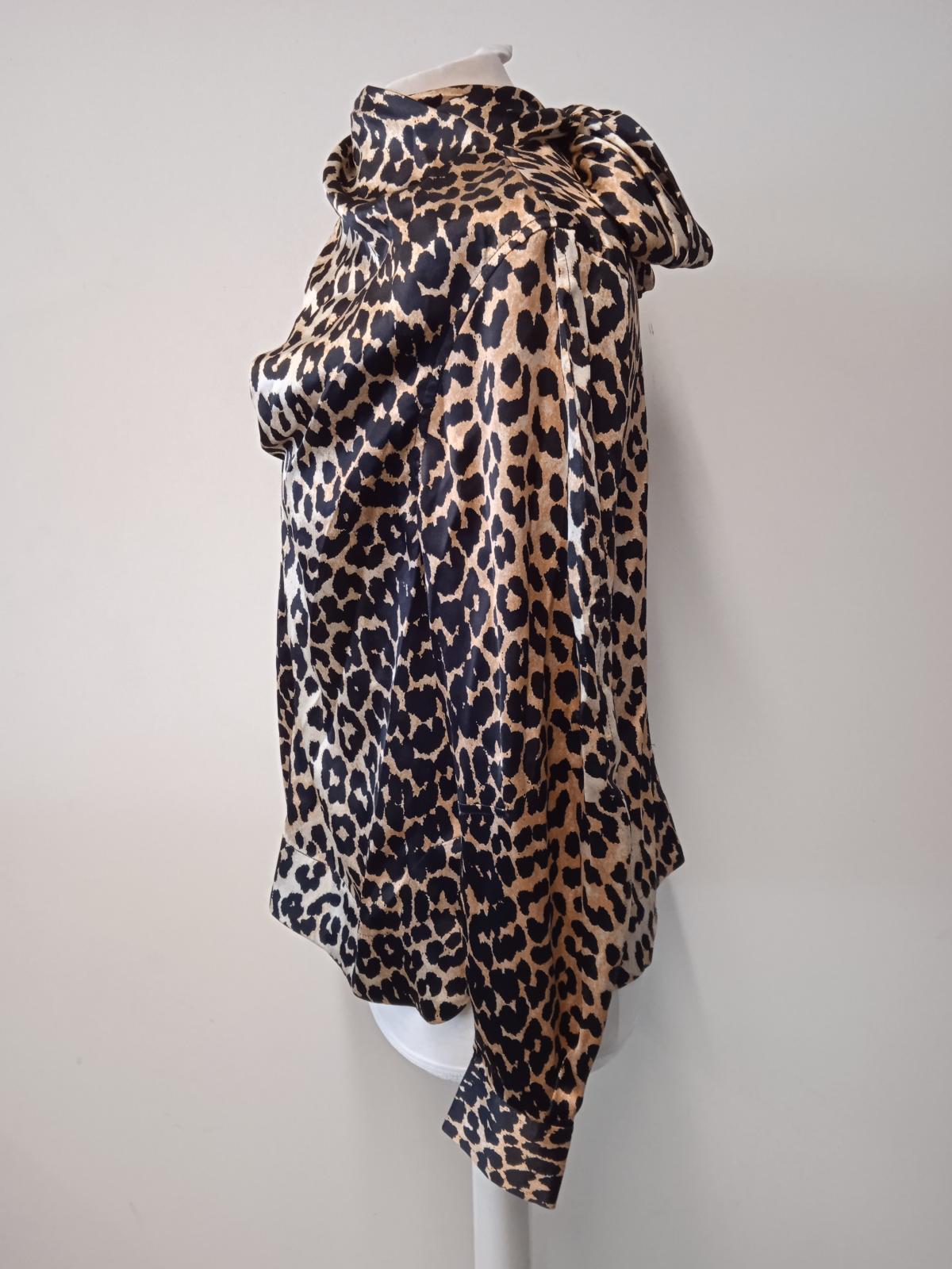 GANNI Ladies Black & Brown Silk Tie Neck Leopard Print Blouse Size EU36 UK8 NEW