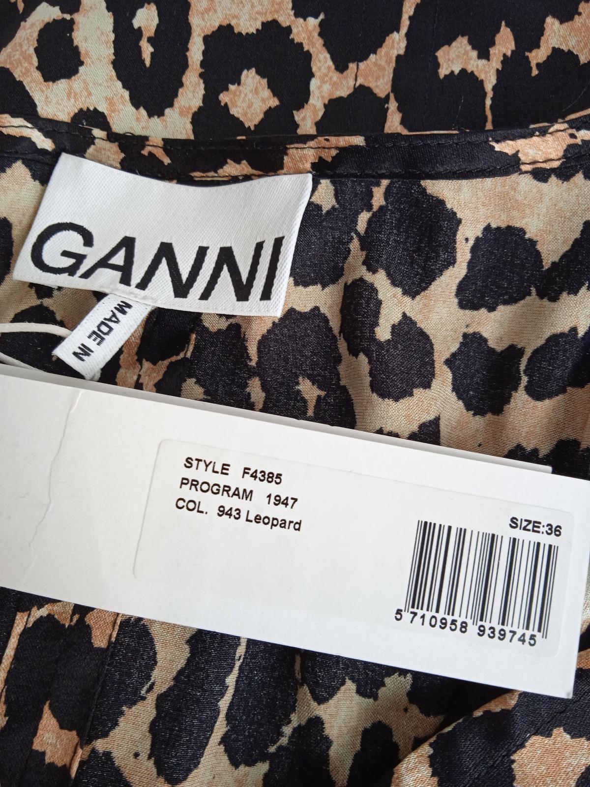 GANNI Ladies Black & Brown Silk Tie Neck Leopard Print Blouse Size EU36 UK8 NEW