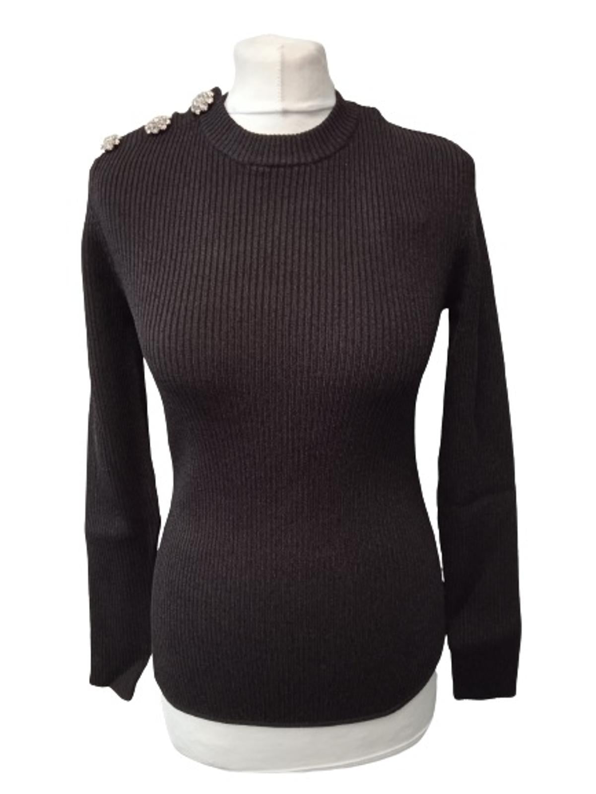 GANNI Ladies Black Ribbed Melange Knit Long Sleeve Pullover Jumper Size M NEW
