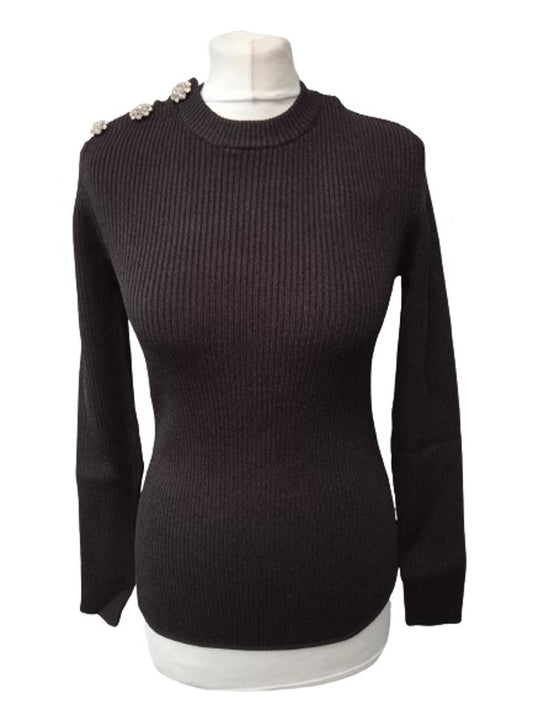 GANNI Ladies Black Ribbed Melange Knit Long Sleeve Pullover Jumper Size M NEW