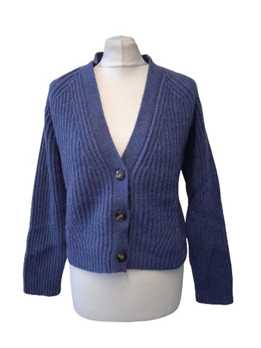 GANNI Ladies Blue Recycled Wool Blend Ribbed Knit Long Sleeve Cardigan M NEW