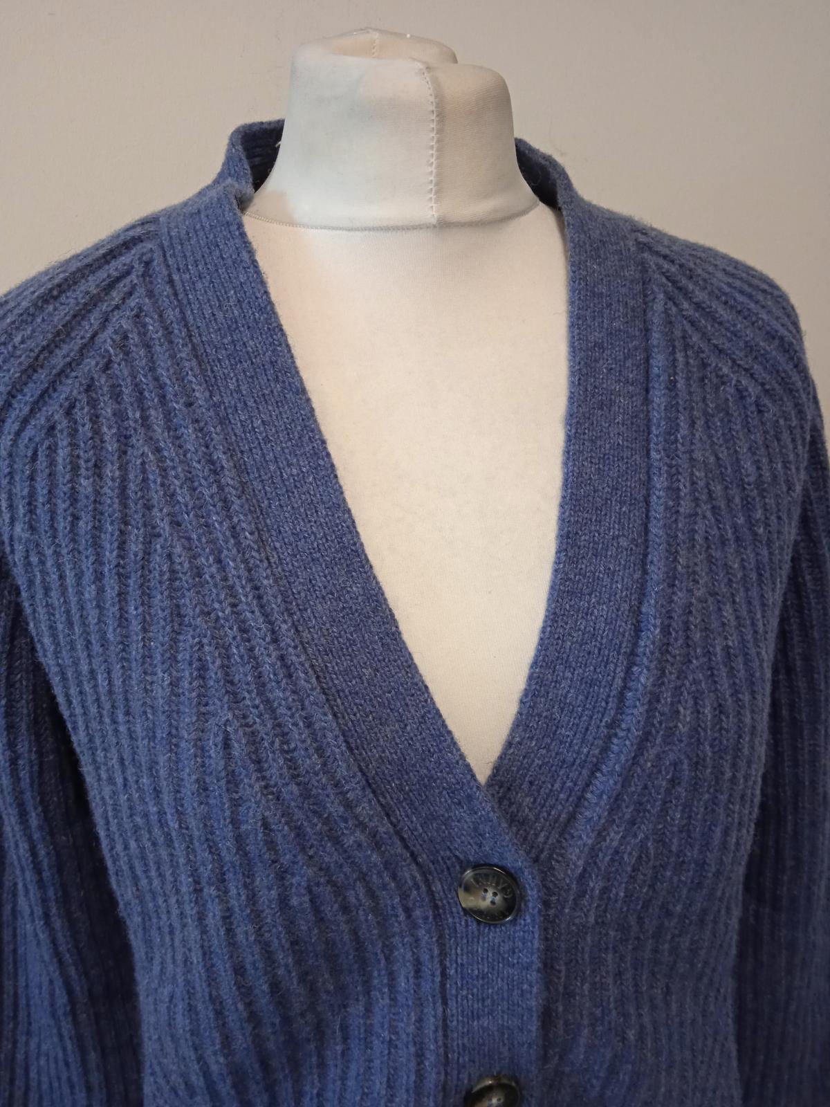 GANNI Ladies Blue Recycled Wool Blend Ribbed Knit Long Sleeve Cardigan M NEW
