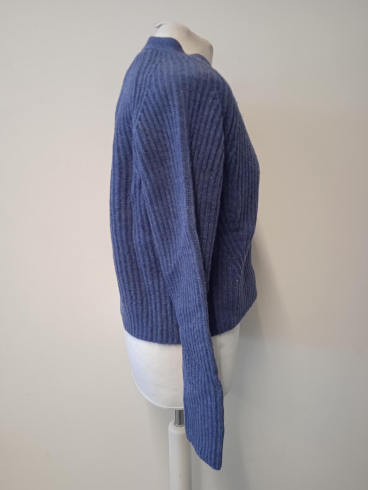 GANNI Ladies Blue Recycled Wool Blend Ribbed Knit Long Sleeve Cardigan M NEW