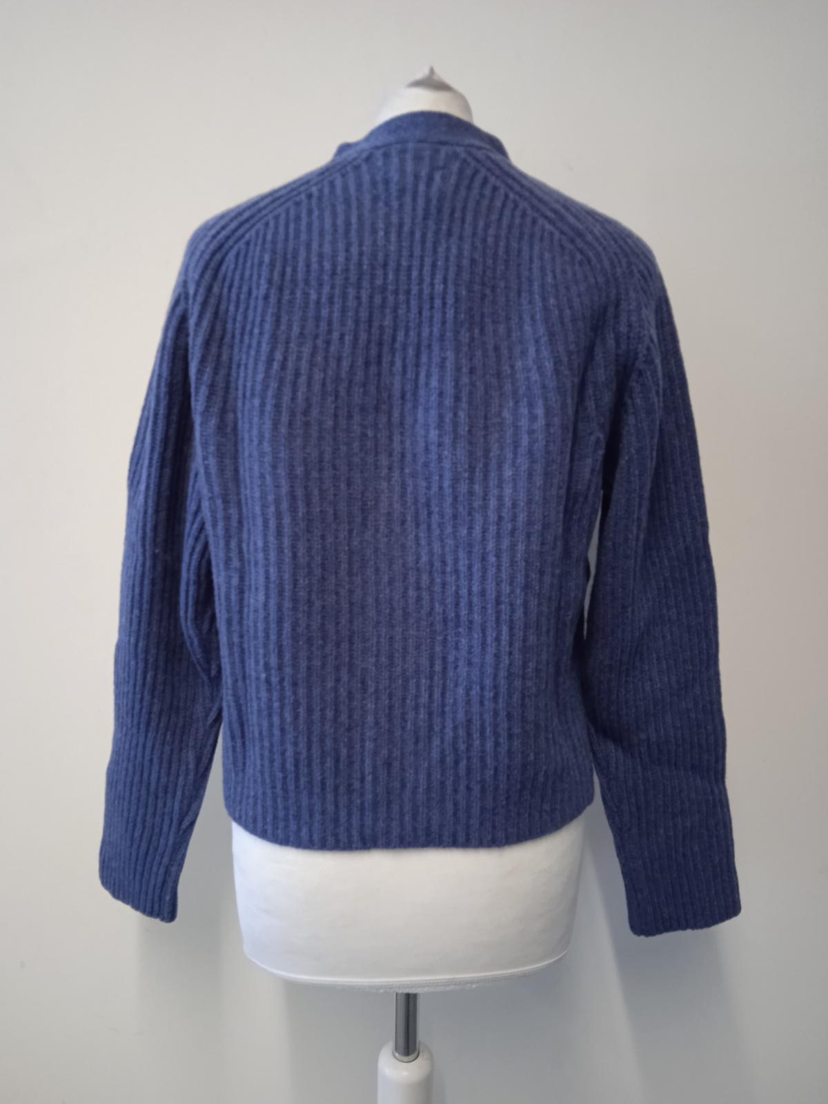 GANNI Ladies Blue Recycled Wool Blend Ribbed Knit Long Sleeve Cardigan M NEW