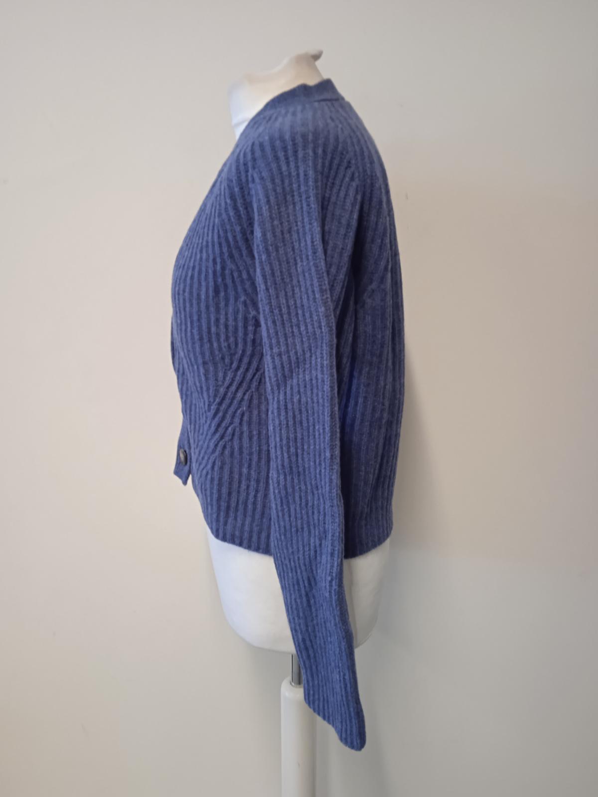 GANNI Ladies Blue Recycled Wool Blend Ribbed Knit Long Sleeve Cardigan M NEW