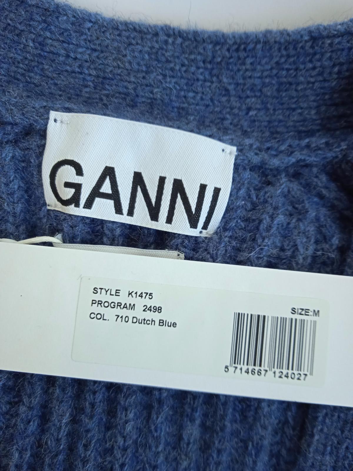 GANNI Ladies Blue Recycled Wool Blend Ribbed Knit Long Sleeve Cardigan M NEW