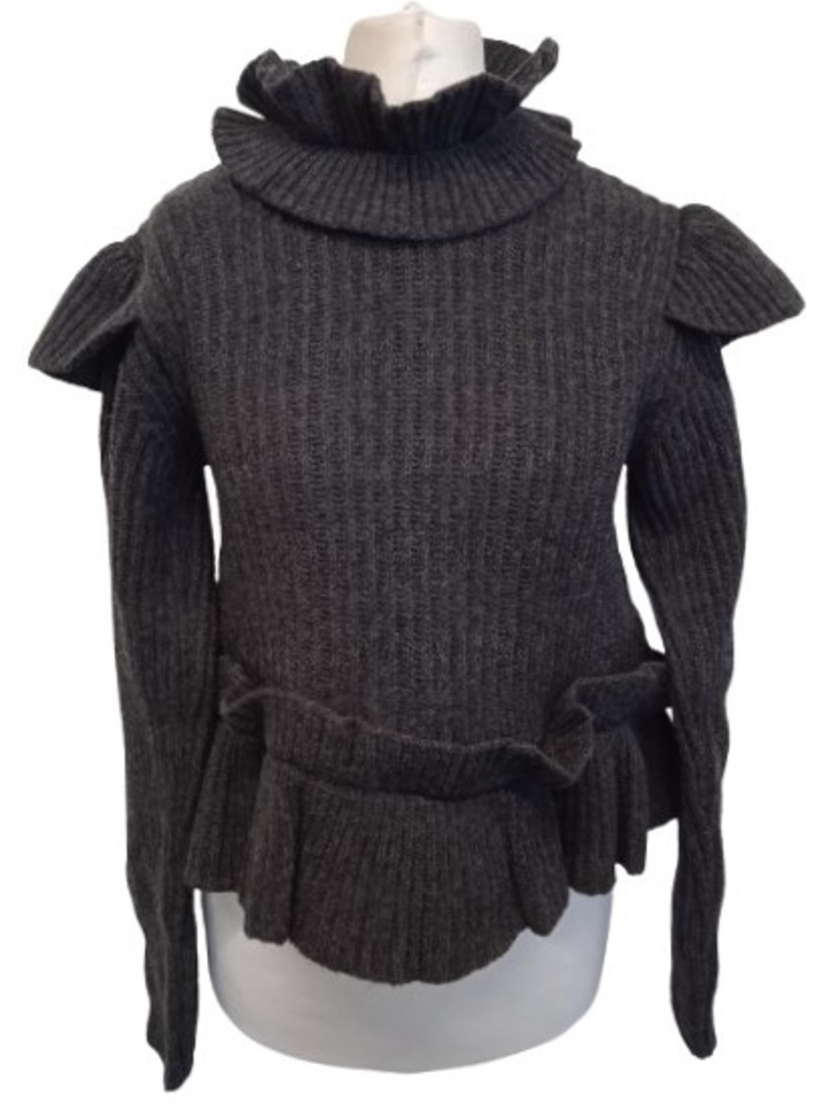 GANNI Ladies Charcoal Grey Wool Ribbed Open Back Ruffled Jumper Size XS NEW
