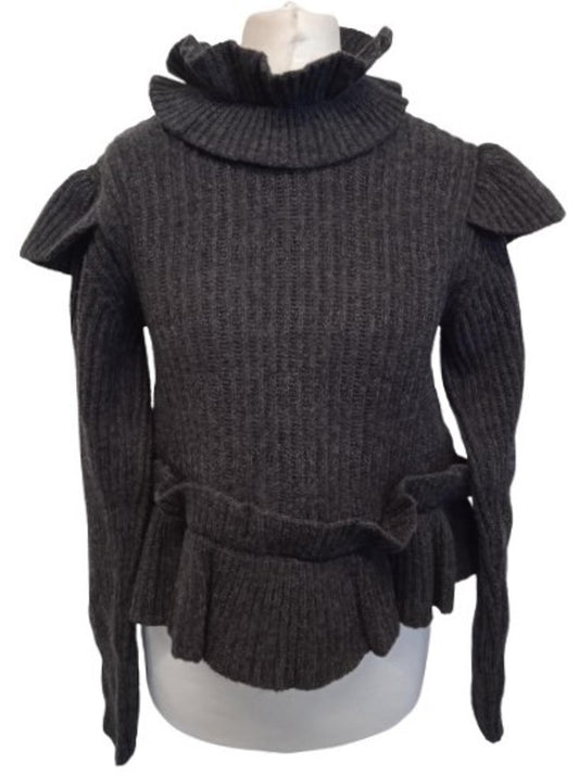 GANNI Ladies Charcoal Grey Wool Ribbed Open Back Ruffled Jumper Size XS NEW