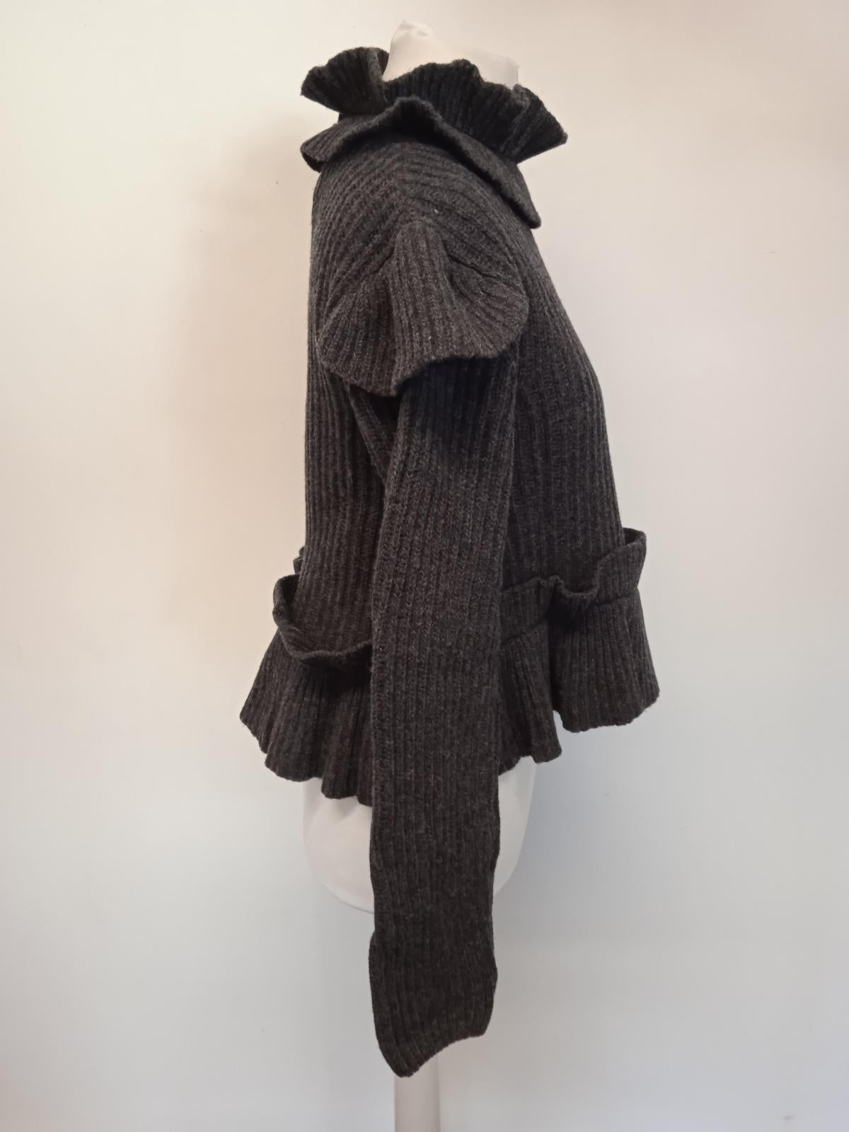 GANNI Ladies Charcoal Grey Wool Ribbed Open Back Ruffled Jumper Size XS NEW